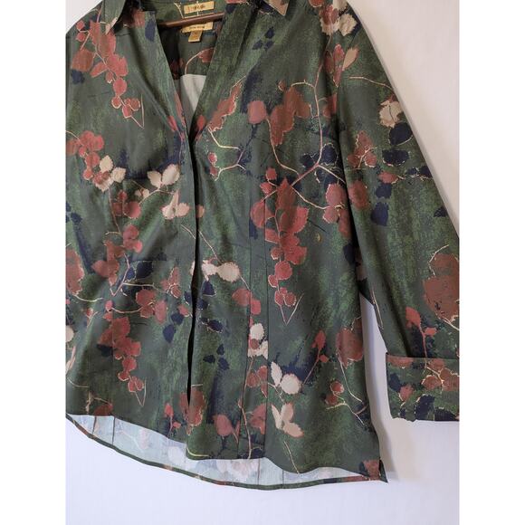 Investment Taylor Non Iron Button Down Shirt Size 18 Green Brown Floral Career - Picture 2 of 8